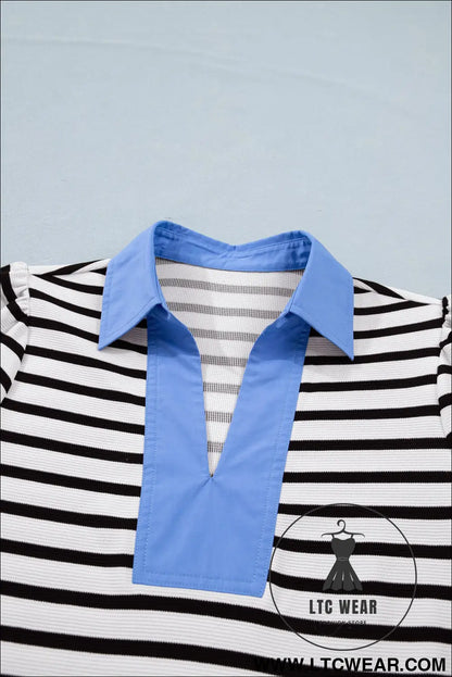 Blue Stripe Short Puff Sleeve Color Block Polo Collar Blouse - L.T.C Wear Online Fashion Store