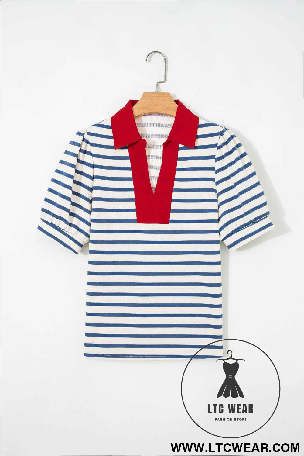 Blue Stripe Short Puff Sleeve Color Block Polo Collar Blouse