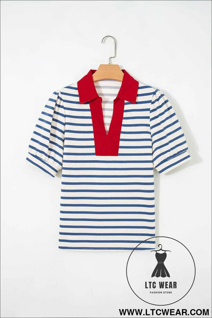Blue Stripe Short Puff Sleeve Color Block Polo Collar Blouse