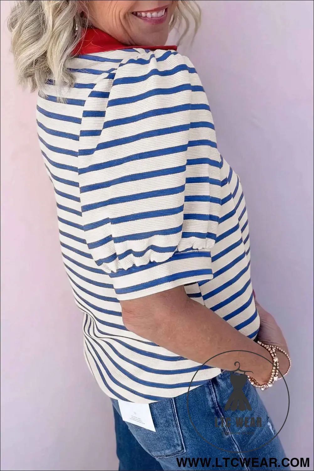 Blue Stripe Short Puff Sleeve Color Block Polo Collar Blouse