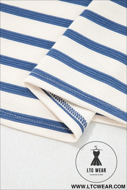 Blue Stripe Short Puff Sleeve Color Block Polo Collar Blouse - L.T.C Wear Online Fashion Store