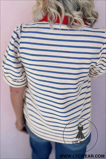 Blue Stripe Short Puff Sleeve Color Block Polo Collar Blouse