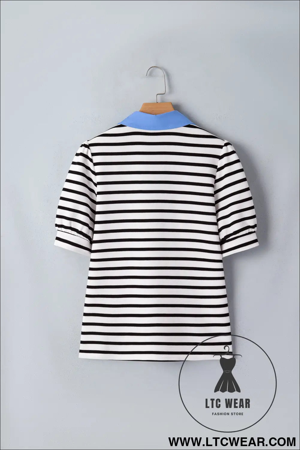 Blue Stripe Short Puff Sleeve Color Block Polo Collar Blouse - L.T.C Wear Online Fashion Store