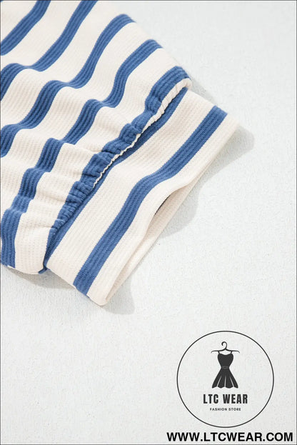 Blue Stripe Short Puff Sleeve Color Block Polo Collar Blouse - L.T.C Wear Online Fashion Store
