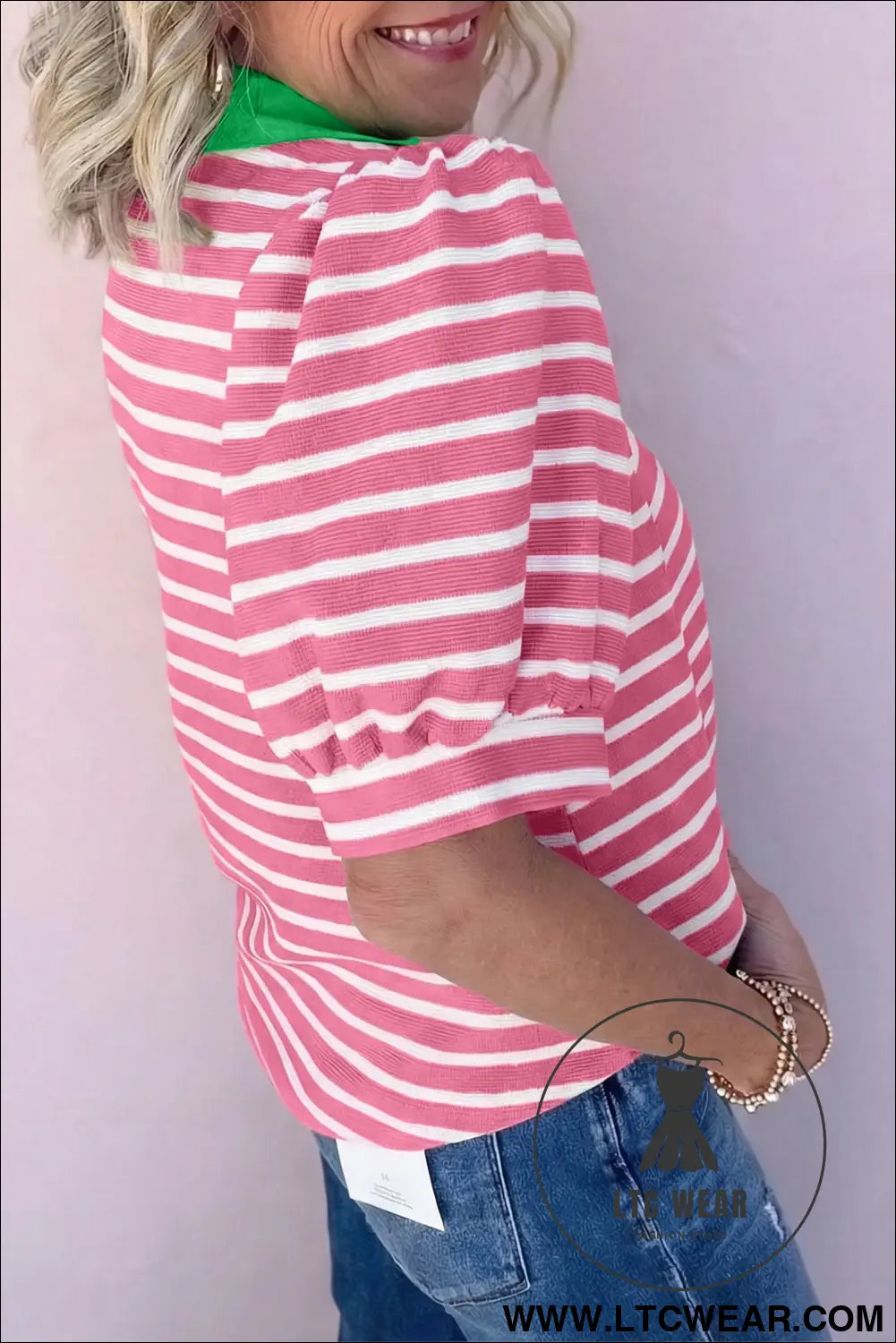 Blue Stripe Short Puff Sleeve Color Block Polo Collar Blouse - L.T.C Wear Online Fashion Store