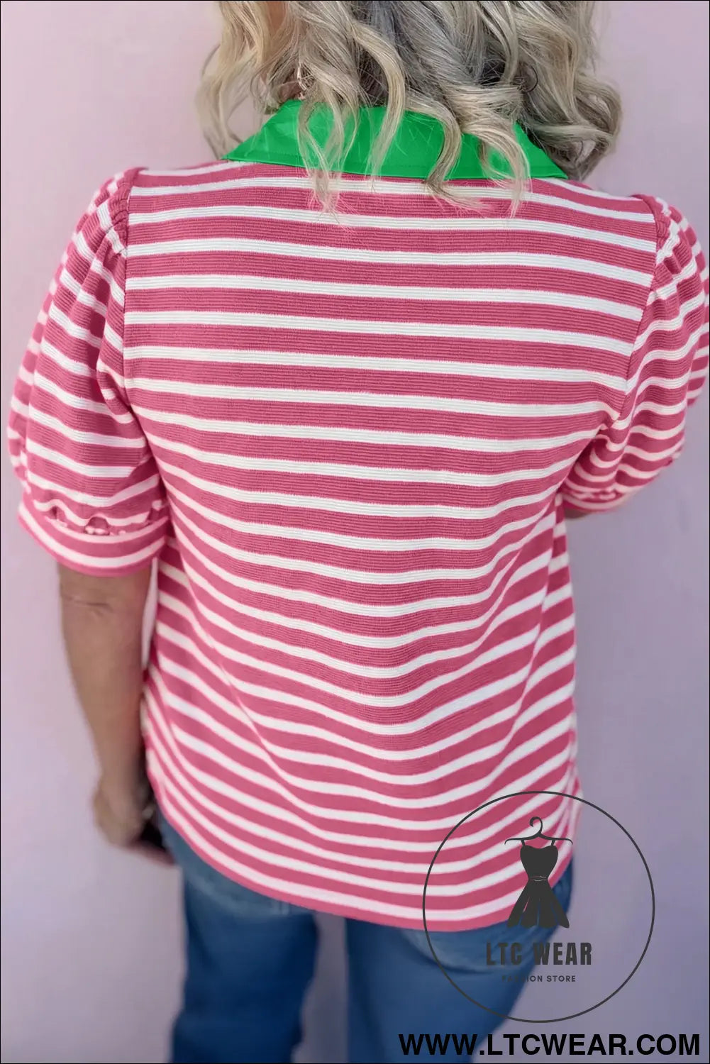 Blue Stripe Short Puff Sleeve Color Block Polo Collar Blouse - L.T.C Wear Online Fashion Store