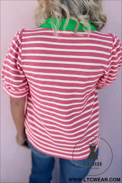 Blue Stripe Short Puff Sleeve Color Block Polo Collar Blouse - L.T.C Wear Online Fashion Store