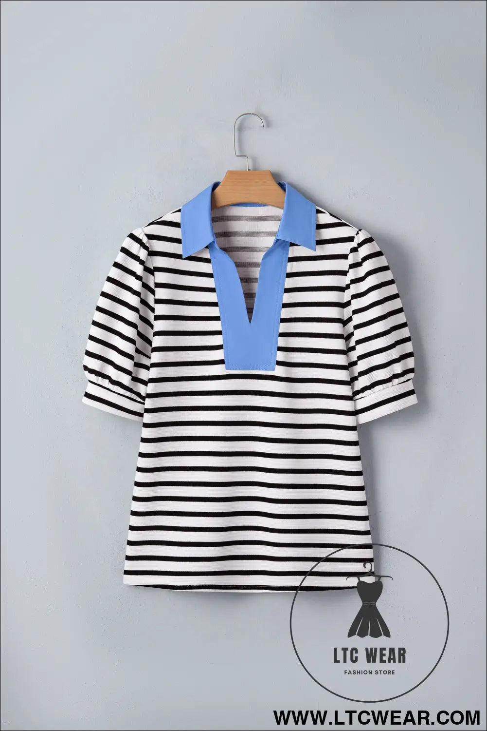 Blue Stripe Short Puff Sleeve Color Block Polo Collar Blouse - L.T.C Wear Online Fashion Store