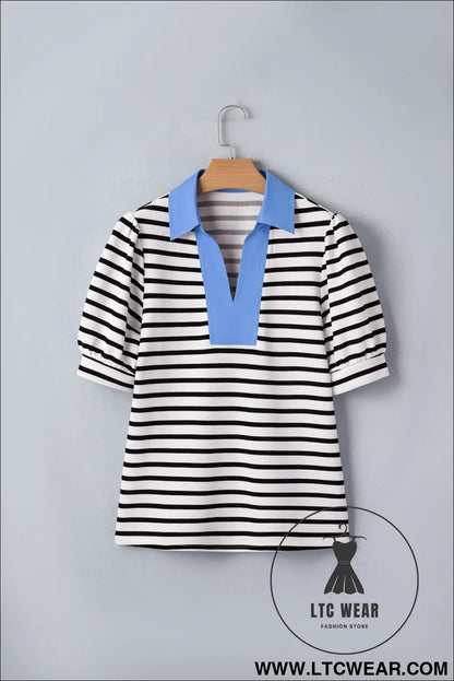 Blue Stripe Short Puff Sleeve Color Block Polo Collar Blouse - L.T.C Wear Online Fashion Store