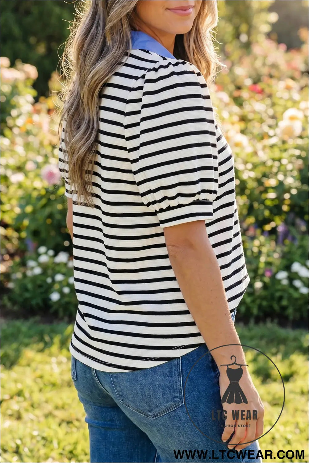 Blue Stripe Short Puff Sleeve Color Block Polo Collar Blouse - L.T.C Wear Online Fashion Store