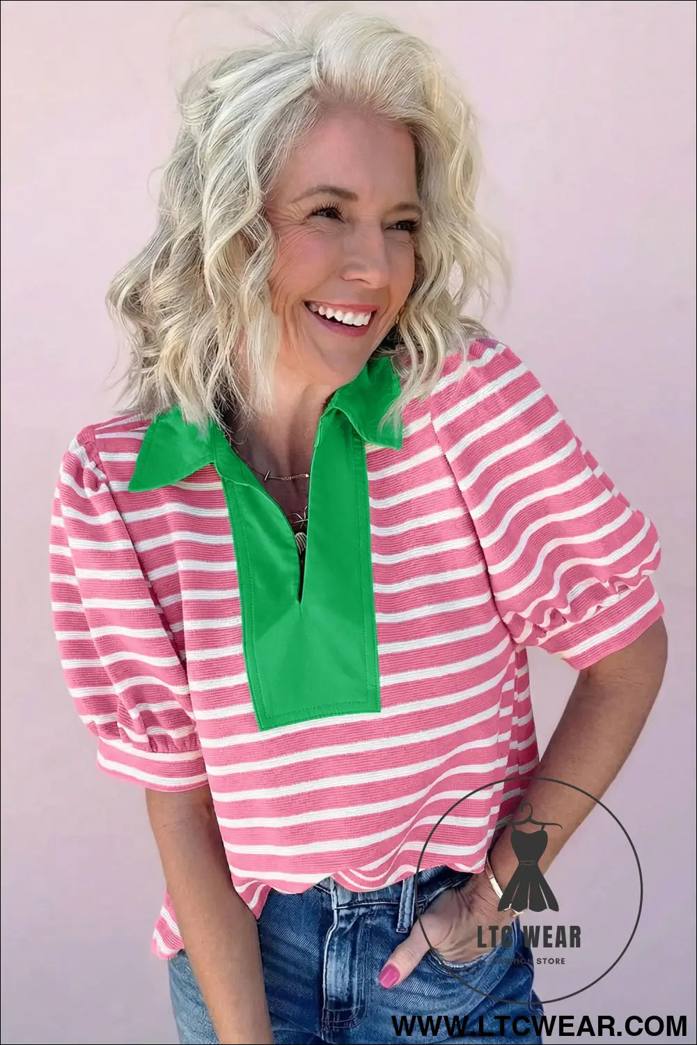 Blue Stripe Short Puff Sleeve Color Block Polo Collar Blouse - L.T.C Wear Online Fashion Store