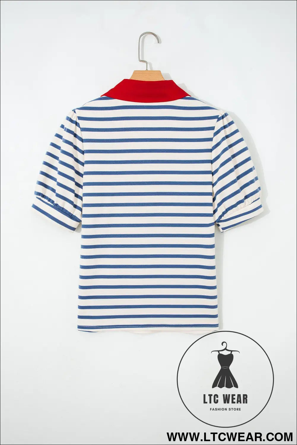 Blue Stripe Short Puff Sleeve Color Block Polo Collar Blouse - L.T.C Wear Online Fashion Store