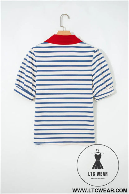 Blue Stripe Short Puff Sleeve Color Block Polo Collar Blouse - L.T.C Wear Online Fashion Store