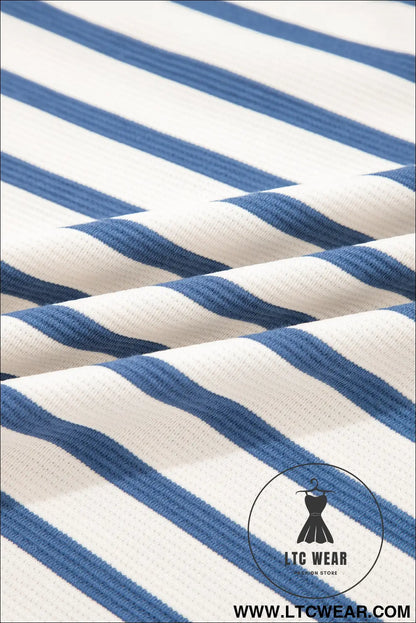 Blue Stripe Short Puff Sleeve Color Block Polo Collar Blouse - L.T.C Wear Online Fashion Store