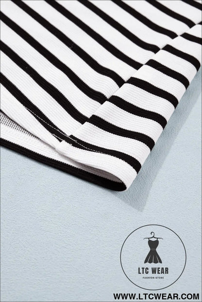 Blue Stripe Short Puff Sleeve Color Block Polo Collar Blouse - L.T.C Wear Online Fashion Store