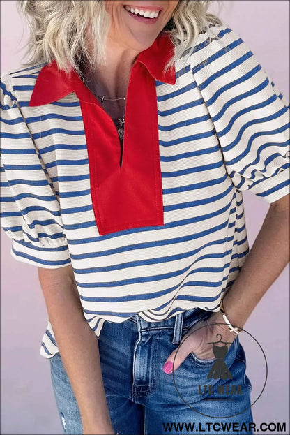 Blue Stripe Short Puff Sleeve Color Block Polo Collar Blouse