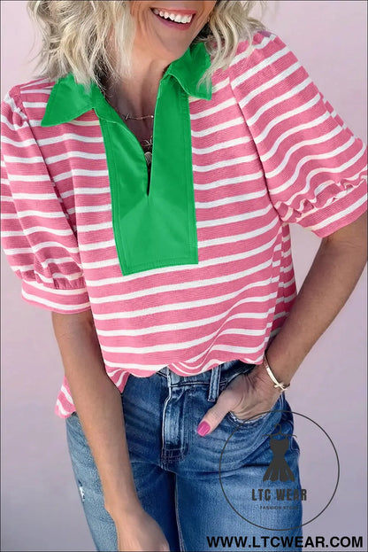 Blue Stripe Short Puff Sleeve Color Block Polo Collar Blouse - L.T.C Wear Online Fashion Store