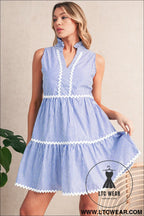 Blue stripe sleeveless notched v neck contrast ric rac mini dress - mini dresses