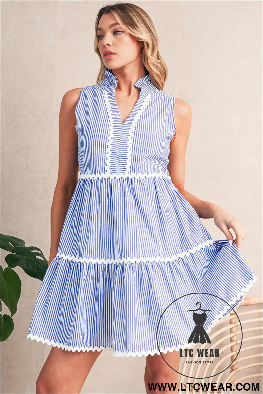 Blue stripe sleeveless notched v neck contrast ric rac mini dress - mini dresses