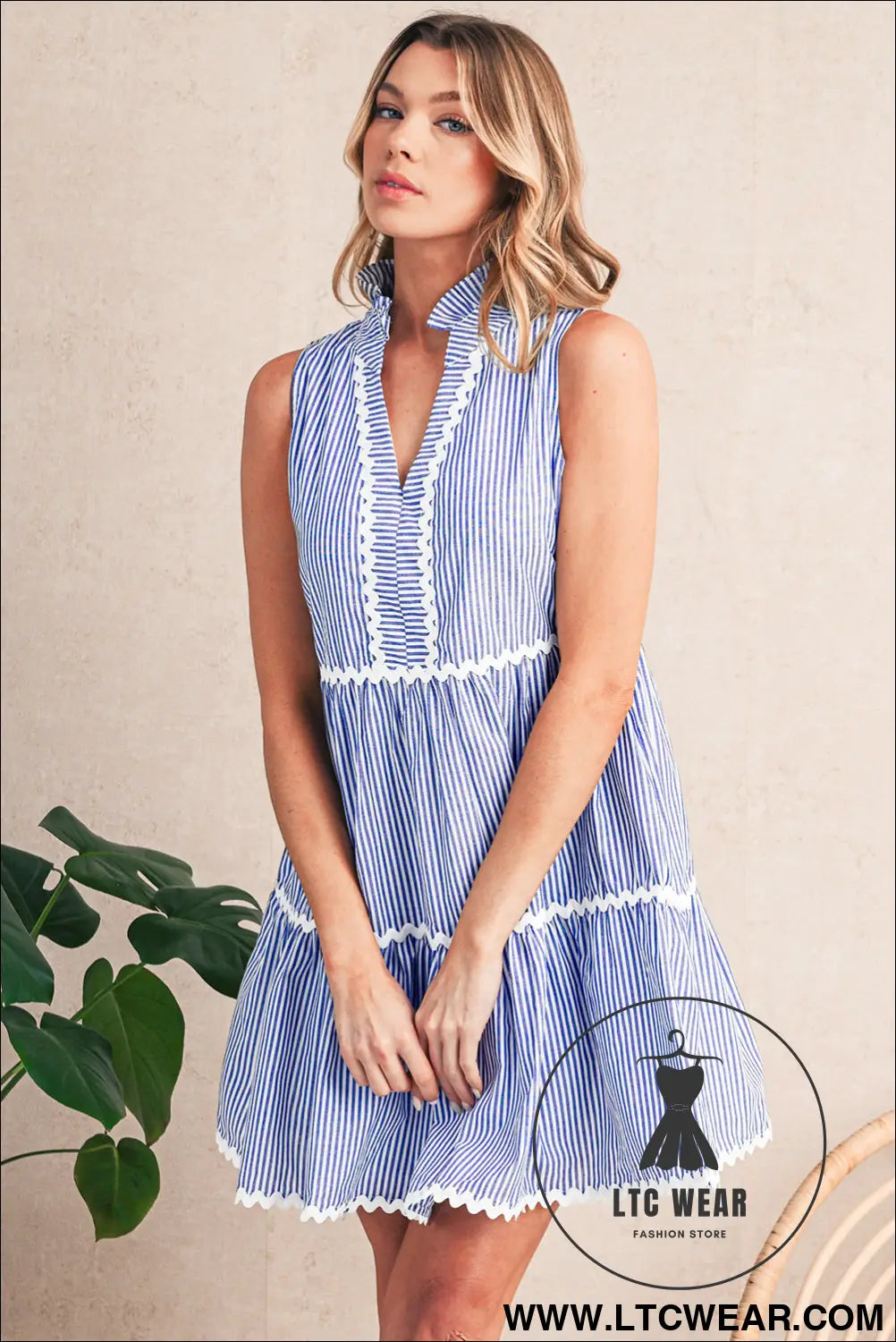 Blue stripe sleeveless notched v neck contrast ric rac mini dress - mini dresses
