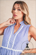 Blue stripe sleeveless notched v neck contrast ric rac mini dress - mini dresses