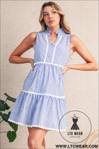 Blue stripe sleeveless notched v neck contrast ric rac mini dress - mini dresses