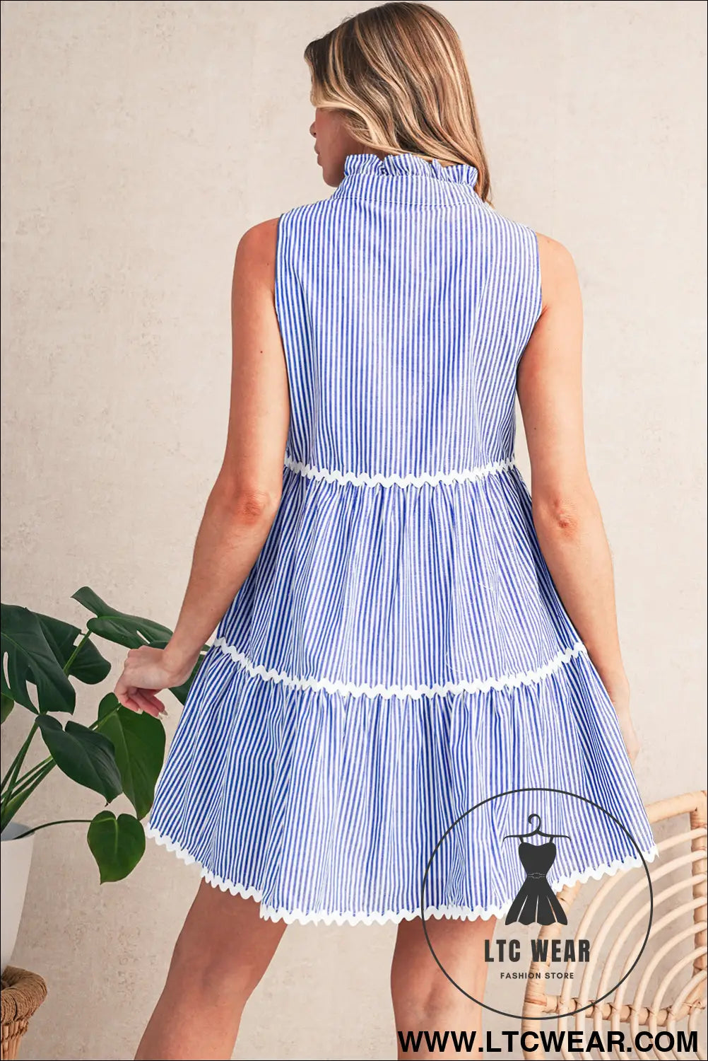 Blue stripe sleeveless notched v neck contrast ric rac mini dress - mini dresses