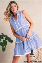 Blue stripe sleeveless notched v neck contrast ric rac mini dress - mini dresses