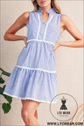 Blue stripe sleeveless notched v neck contrast ric rac mini dress - blue stripe / l / 100% cotton - mini dresses