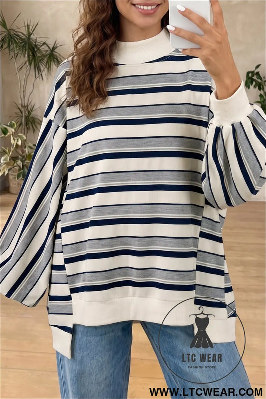 Blue Stripe Striped Ribbed Stand Neck Long Sleeve Shift Silhouette Sweatshirt
