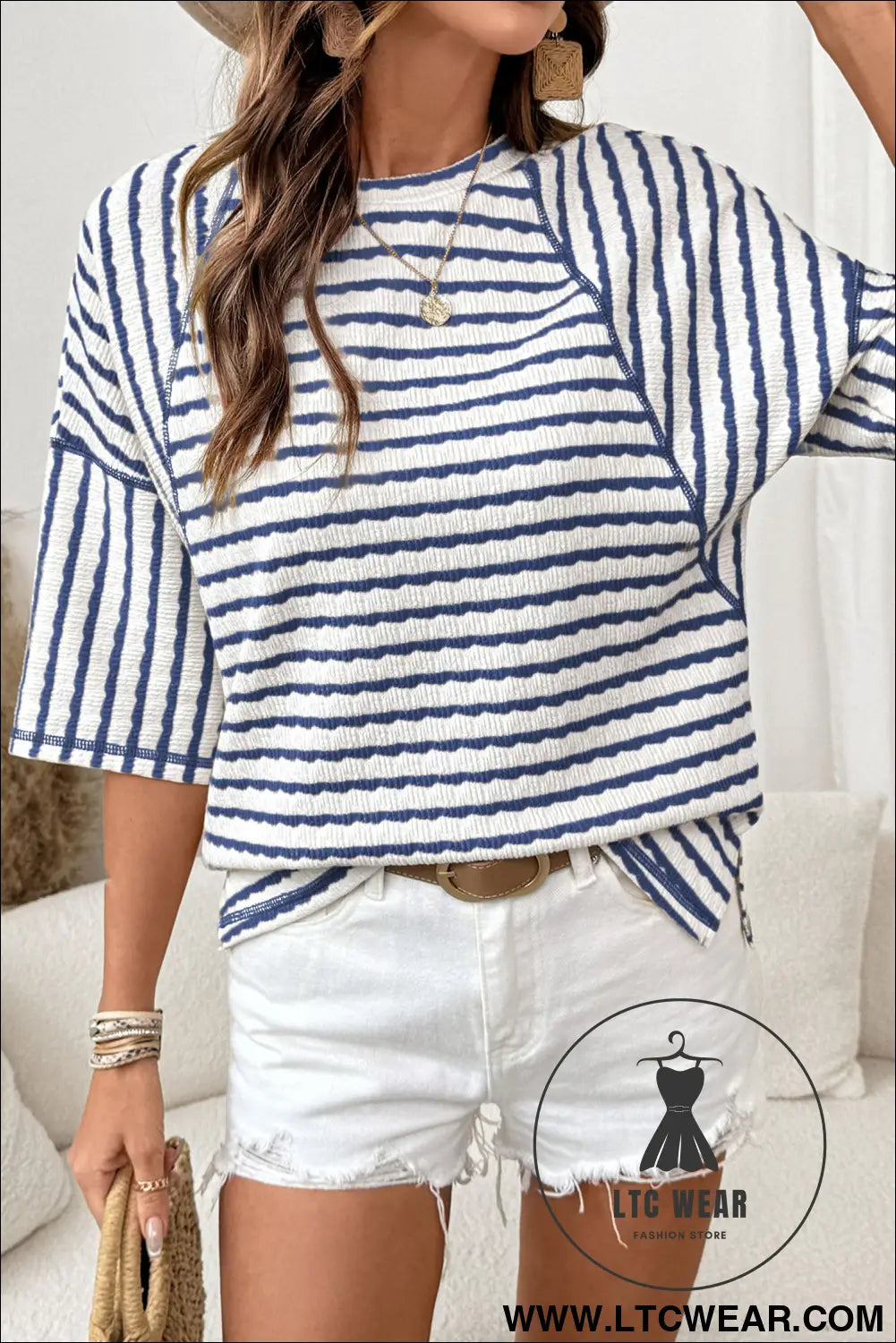 Blue stripe textured knit split hem half sleeve loose top - blue stripe / l / 85% polyester + 10% viscose + 5% elastane