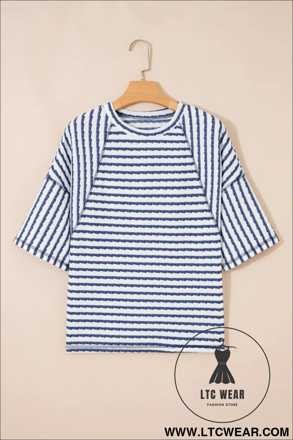 Blue stripe textured knit split hem half sleeve loose top - tops & tees