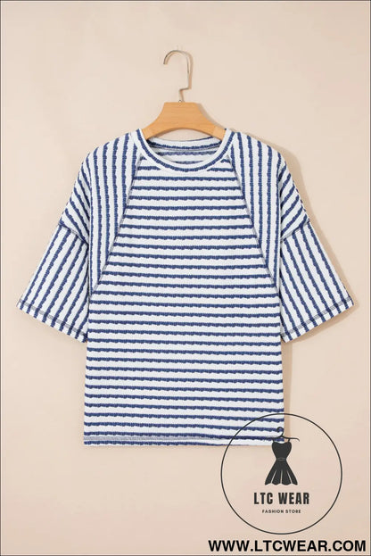 Blue stripe textured knit split hem half sleeve loose top - tops & tees
