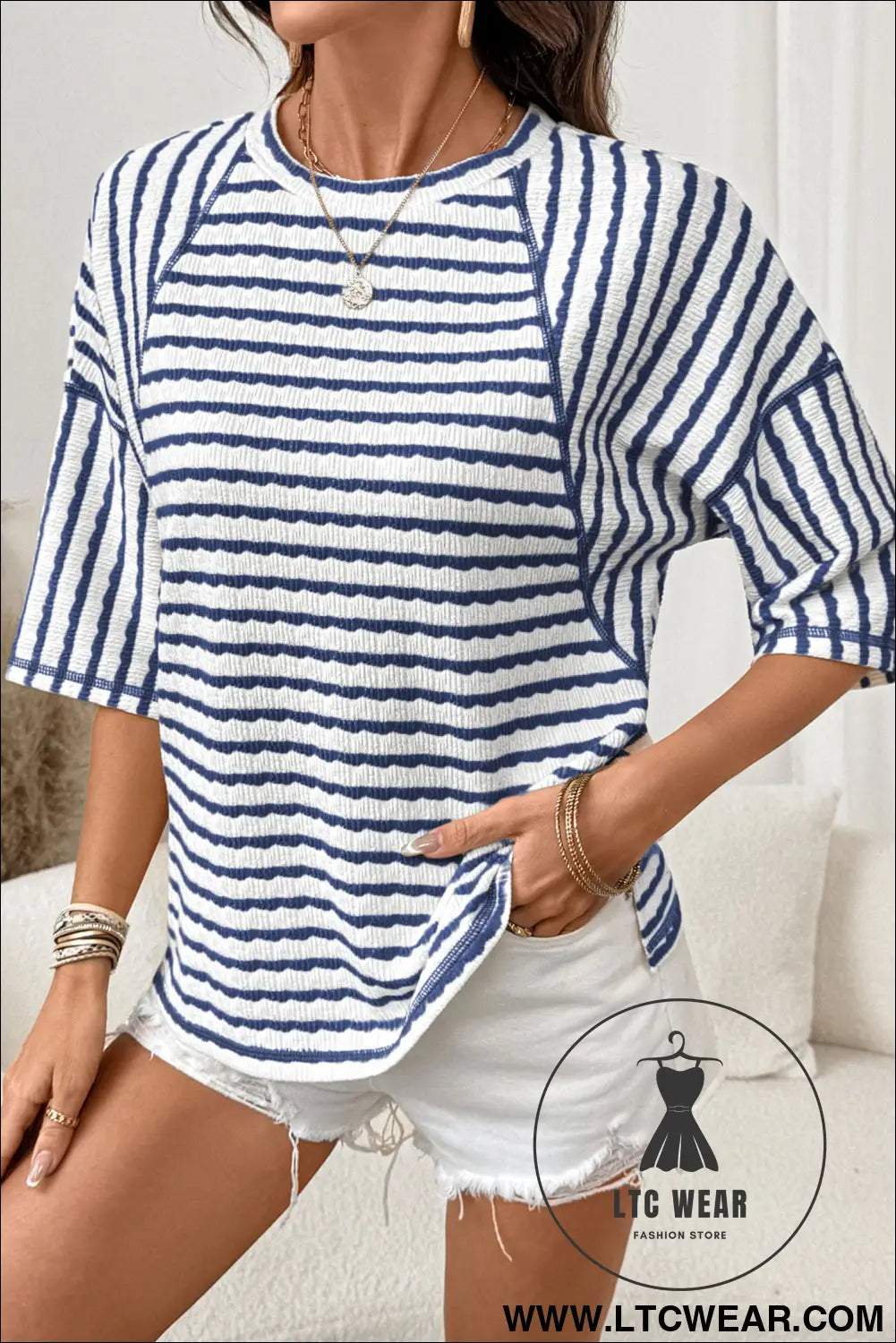 Blue stripe textured knit split hem half sleeve loose top - tops & tees