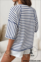 Blue stripe textured knit split hem half sleeve loose top - tops & tees