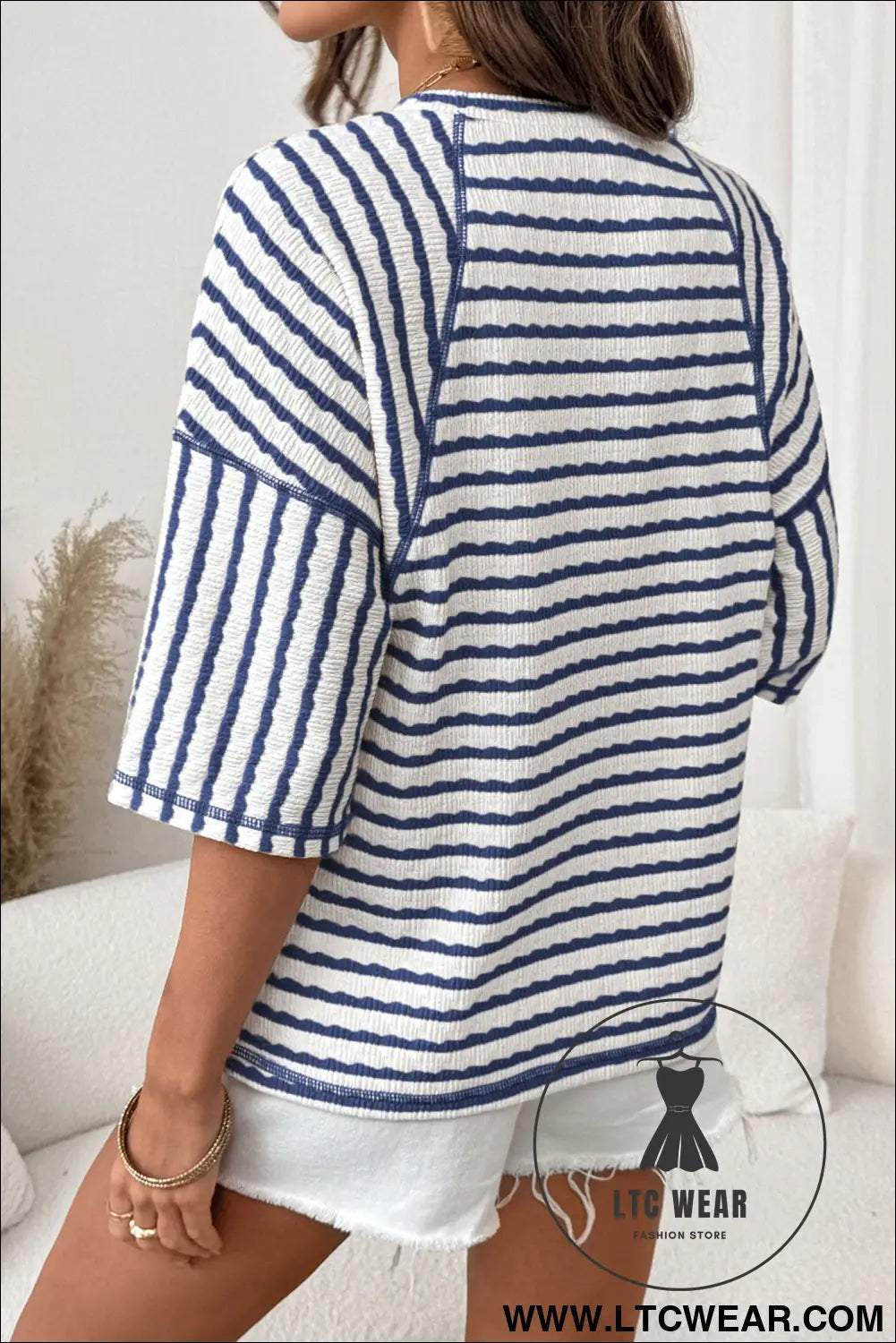 Blue stripe textured knit split hem half sleeve loose top - tops & tees
