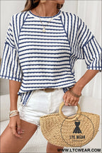 Blue stripe textured knit split hem half sleeve loose top - tops & tees