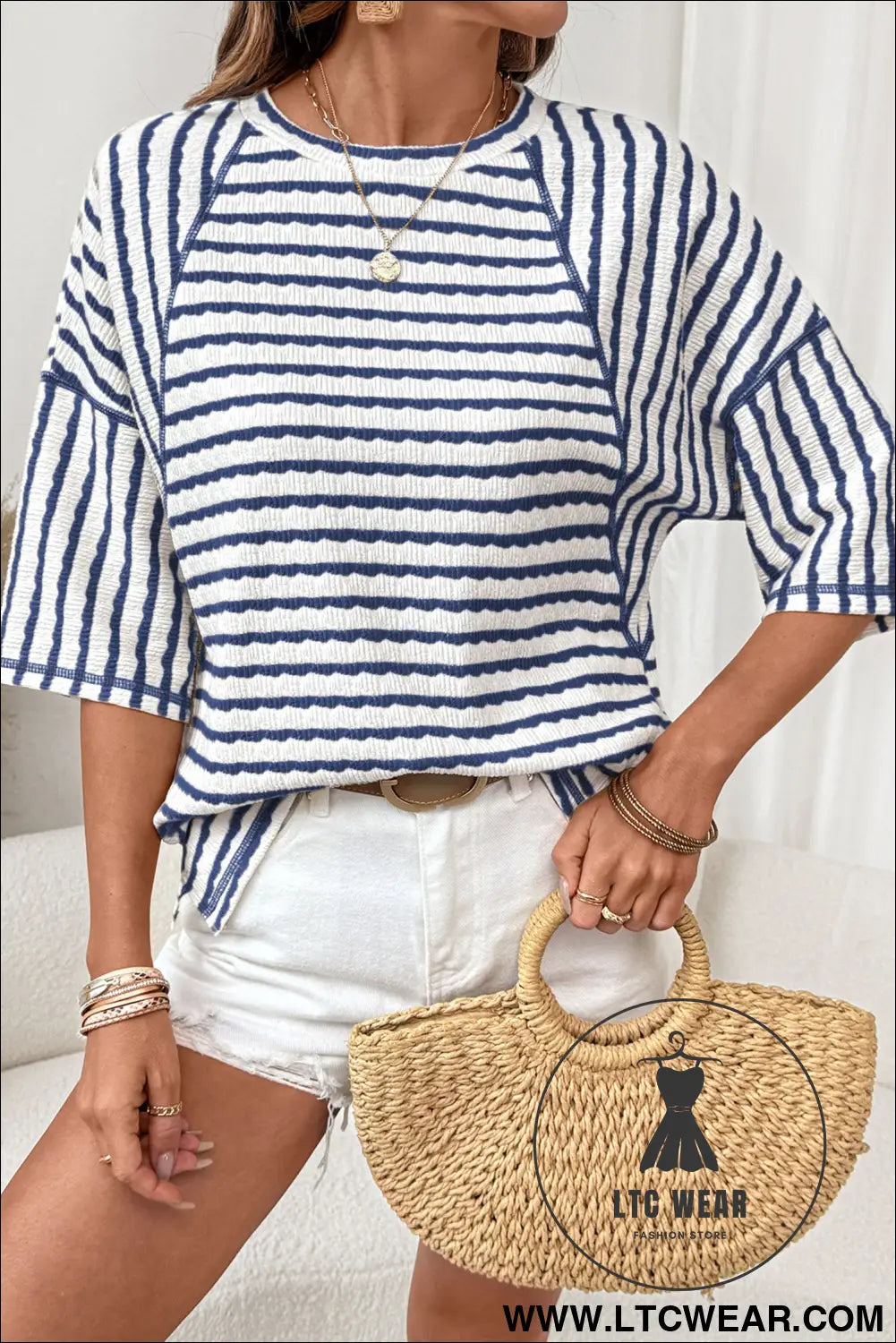 Blue stripe textured knit split hem half sleeve loose top - tops & tees