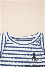 Blue stripe textured knit split hem half sleeve loose top - tops & tees