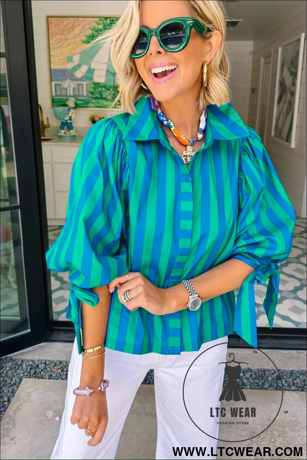 Blue Stripe Tie Puff Sleeve Womens Button Down Shirt - L.T.C Wear Online Fashion Store