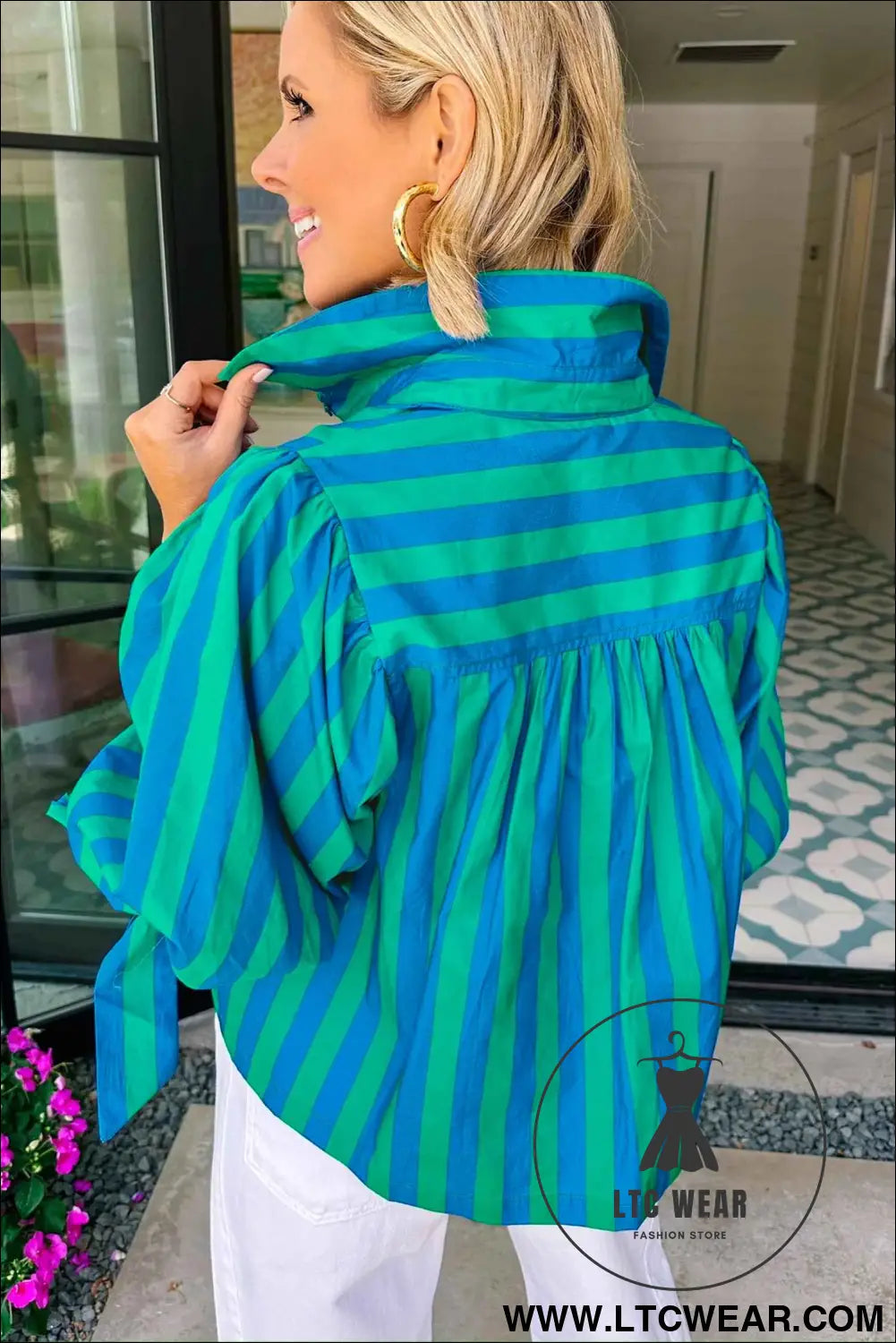 Blue Stripe Tie Puff Sleeve Womens Button Down Shirt