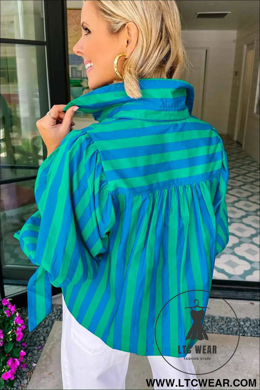 Blue Stripe Tie Puff Sleeve Womens Button Down Shirt
