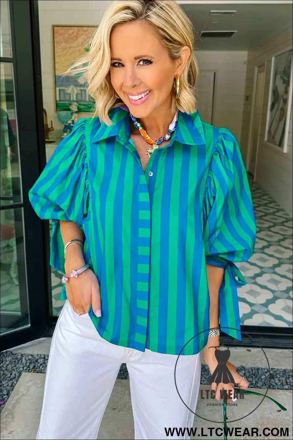 Blue Stripe Tie Puff Sleeve Womens Button Down Shirt - L.T.C Wear Online Fashion Store