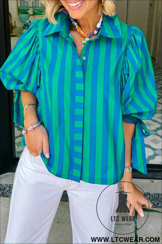 Blue Stripe Tie Puff Sleeve Womens Button Down Shirt