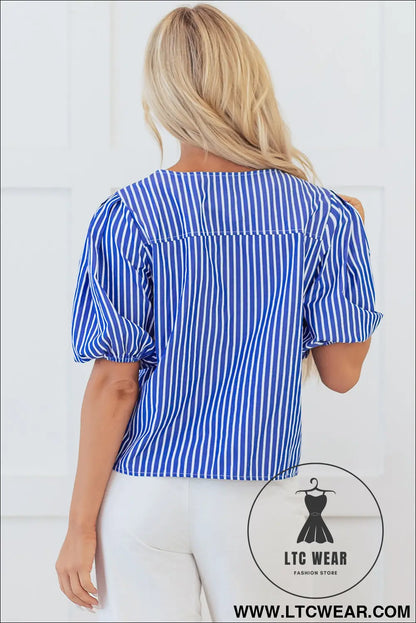 Blue Stripe Tied Front Puff Short Sleeve Blouse - L.T.C Wear Online Fashion Store