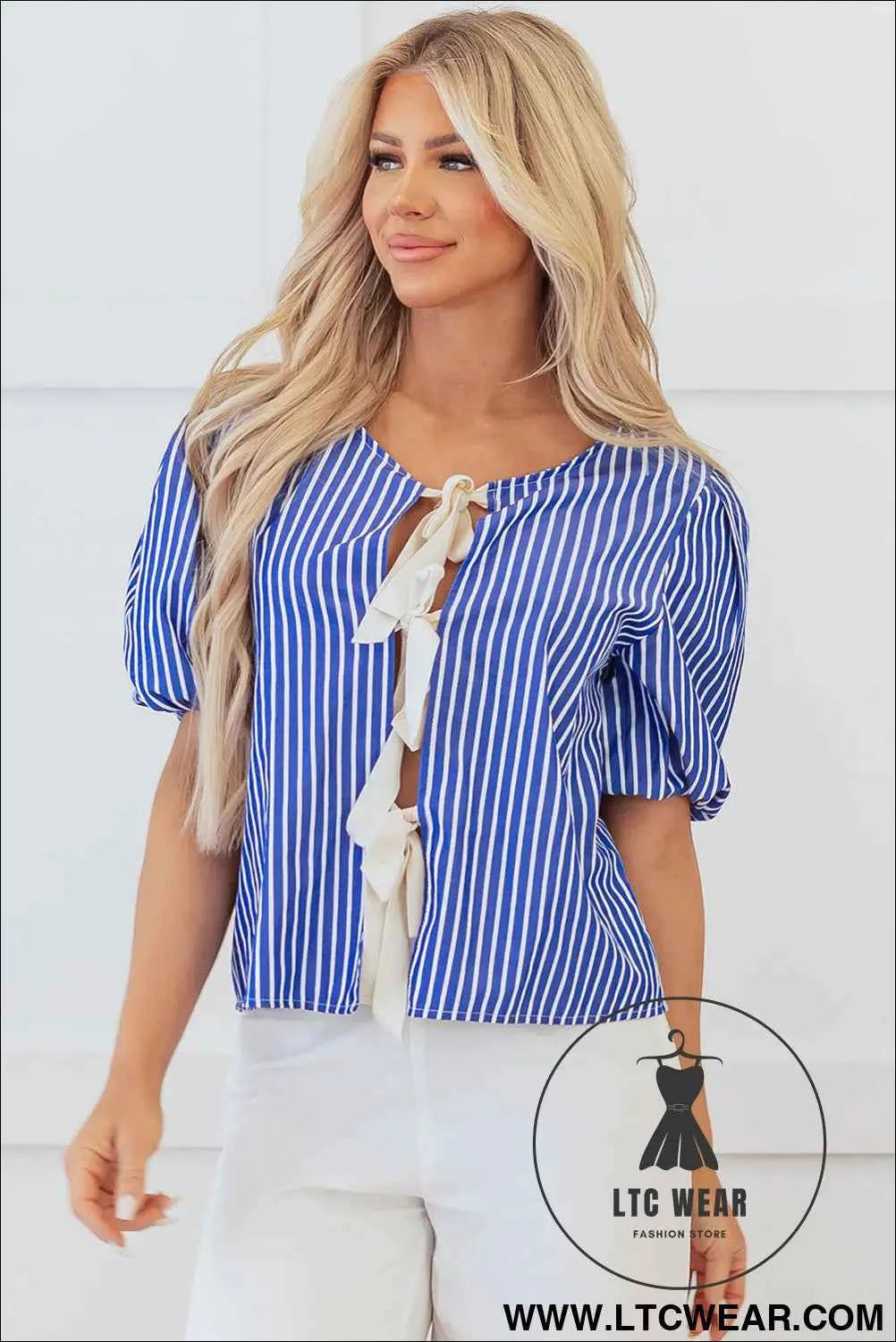 Blue Stripe Tied Front Puff Short Sleeve Blouse