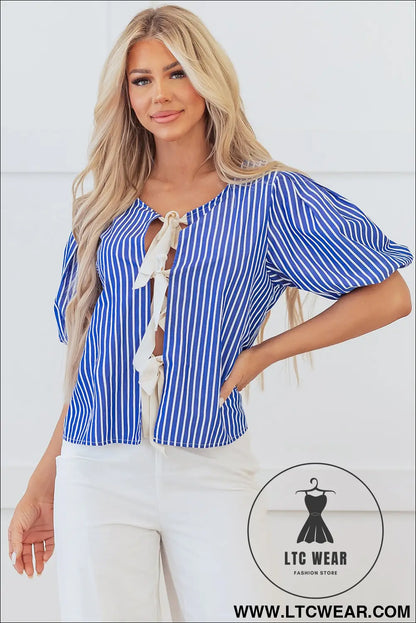 Blue Stripe Tied Front Puff Short Sleeve Blouse - L.T.C Wear Online Fashion Store