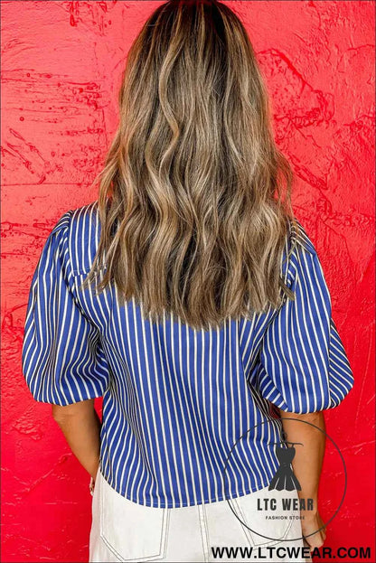 Blue Stripe Tied Front Puff Short Sleeve Blouse