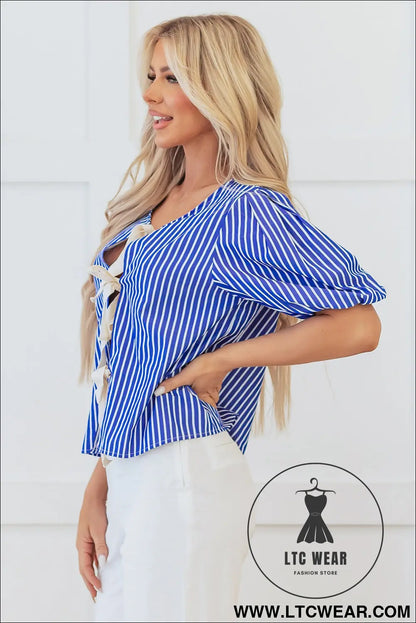 Blue Stripe Tied Front Puff Short Sleeve Blouse - L.T.C Wear Online Fashion Store