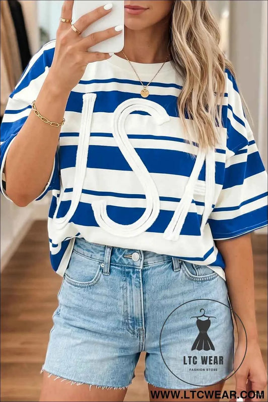 Blue Stripe USA Graphic Drop Shoulder Half Sleeve Loose T Shirt